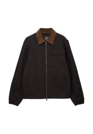 Zwarte jas met een bruine corduroy kraag, vooraan sluiting met rits, ritszak op de borst, elastische manchetten en zijzakken. Soepele stoftextuur.