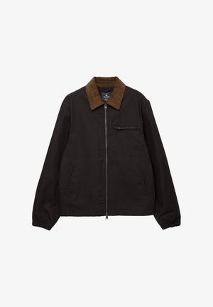Black jacket with brown corduroy collar, front zip closure, zippered chest pocket, elastic cuffs, and side pockets. Smooth fabric texture.