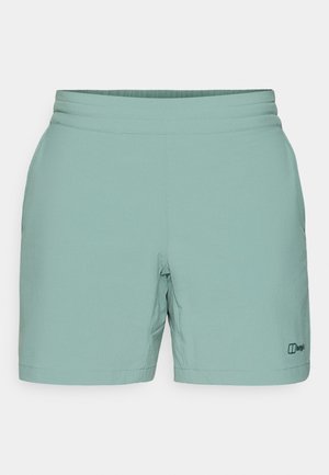 Lys grønne shorts laget av mykt materiale, med en jevn midje og en liten svart logo på nederste del. Enkelt og funksjonelt design.