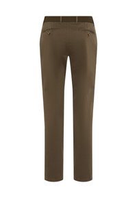 Pantaloni marroni a gamba dritta realizzati in tessuto morbido. Presentano una vita liscia, due tasche posteriori con dettagli in bottone e cuciture decorative.