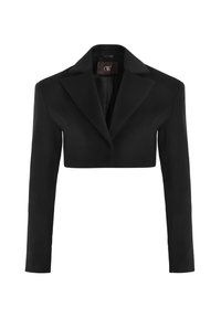 Blazer negro recortado con mangas largas, solapas con muesca y silueta elegante. Confeccionado en tela suave con un acabado limpio. Etiqueta en el interior.