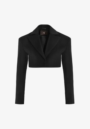 Gekürzter schwarzer Blazer mit langen Ärmeln, Revers mit Einschnitt und schlanker Silhouette. Hergestellt aus glattem Stoff mit sauberer Verarbeitung. Innen mit Etikett versehen.