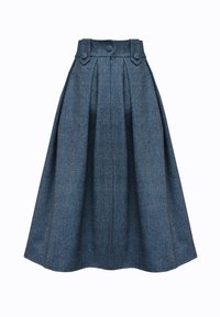 Niebieska wełniana spódnica w kratę, z wysokim stanem, dwoma guzikami oraz plisami nożowymi dla dodatkowej tekstury i objętości.
