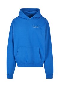 Világos kék kapucnis pulóver pamut keverékből, elülső zsebbel, hosszú ujjakkal és fehér felirattal: "Today was a Good Day".