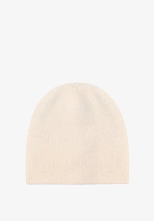 Jasnobeżowa dzianinowa czapka beanie o miękkiej fakturze, bezszwowym czubku i dopasowanym fasonie. Wykonana z ciepłego materiału, idealnego na zimne dni.