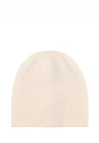 Hellbeige gestrickte Beanie-Mütze mit weicher Textur, nahtlosem Oberteil und engem Sitz. Hergestellt aus warmem Material, das sich für kaltes Wetter eignet.