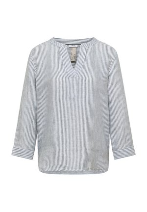 Blouse en lin blanche et grise à rayures verticales, manches longues, col en V et col mao.