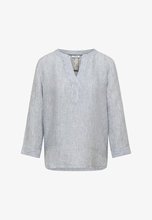 Weiße und graue, vertikal gestreifte Leinenbluse mit langen Ärmeln, V-Ausschnitt und Stehkragen.