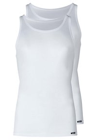Two white cotton tank tops with a smooth texture, featuring a round neck and wide shoulder straps. Brand logo at the hem.