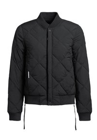 Čierna prešívaná bomber bunda s rebrovanými manžetami a golierom. Obsahuje predné zapínanie na patent a postranné šnúrky. Hladký povrch s diamantovým vzorom.
