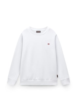 Hvid langærmet sweatshirt med rund hals og lille norsk flagemblem på brystet samt ribstrikkede manchetter og kant.