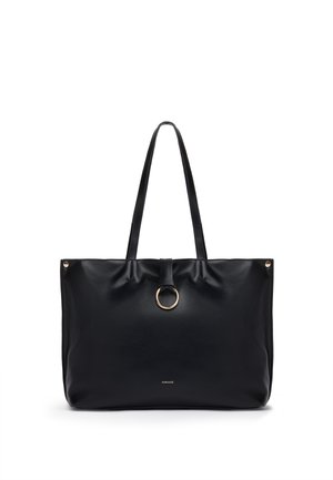Sac cabas en cuir noir avec deux bretelles, détail anneau doré au centre et petit logo "MIRIADE" en bas devant.