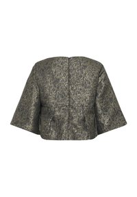 Jachetă scurtă cu mâneci scurte, cu fermoar la spate, dintr-un material metalic texturat, având un model subtil și detalii cu cusături la talie.