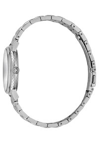 Reloj de pulsera de metal plateado con una caja redondeada, diseño hexagonal en la carátula y una pulsera de eslabones que presenta pequeños acentos redondos.