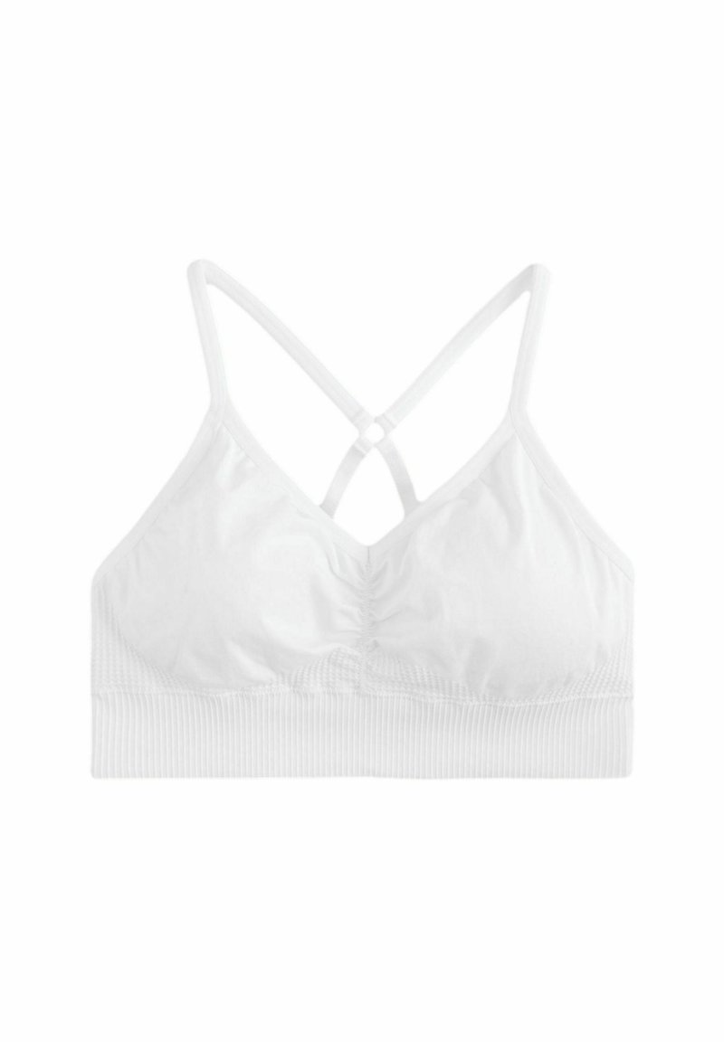 Hvid bralette med en samlet midte, tynde justerbare stropper og en ribbet kant forneden. Blødt stof med en glat tekstur.