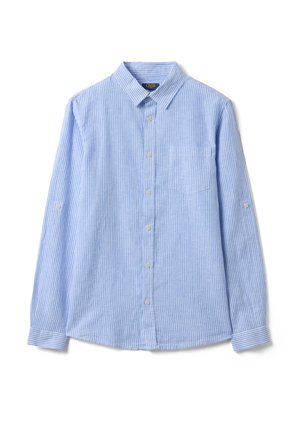 Hellblau-weiß gestreiftes Hemd mit langen Ärmeln, Knöpfen, Kragen, Brusttasche und verstellbaren Ärmelriegeln.