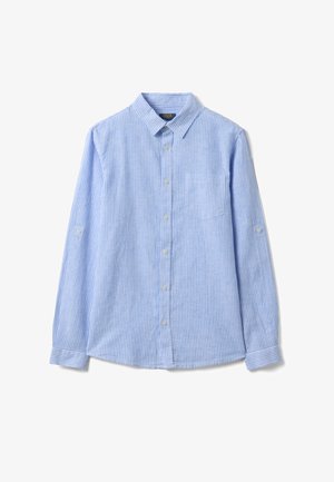 Chemise à manches longues à rayures verticales bleu clair et blanches, avec boutons, col, poche poitrine et pattes de manche ajustables.