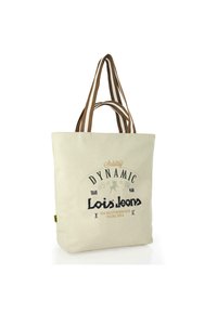 Bolsa de lona en color beige claro con asas de rayas marrón oscuro, que presenta texto impreso que incluye "Lois Jeans" y acentos decorativos.