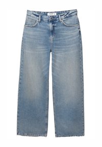 Jeans in denim azzurro chiaro a gamba larga con vita alta, dotati di chiusura a bottone, passanti per cintura e orlo sfrangiato. Design a cinque tasche.