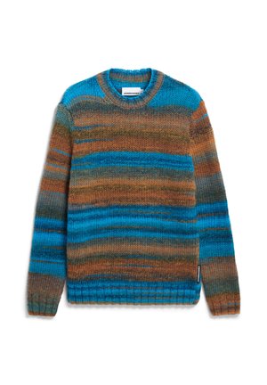 Mehrfarbiger Strickpullover mit blauen und braunen horizontalen Streifen, Rundhalsausschnitt und gerippten Ärmeln. Aus weichem, strukturiertem Garn gefertigt.