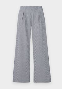 Wide-leg trousers in Navy and white striped fabric. Features an elastic waistband and two front pleats for added detail.
