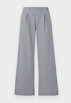 Pantaloni a gamba larga in tessuto a righe blu e bianche. Presentano una vita elasticizzata e due pieghe frontali per un tocco di dettaglio.