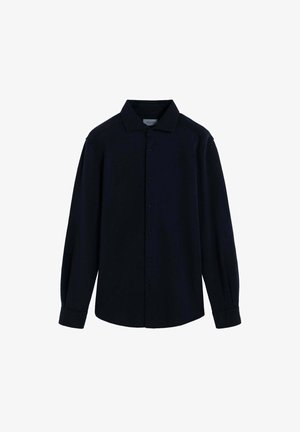 Cămașă neagră cu mânecă lungă, cu nasturi, guler și mansete, expusă plat pe un fundal alb.