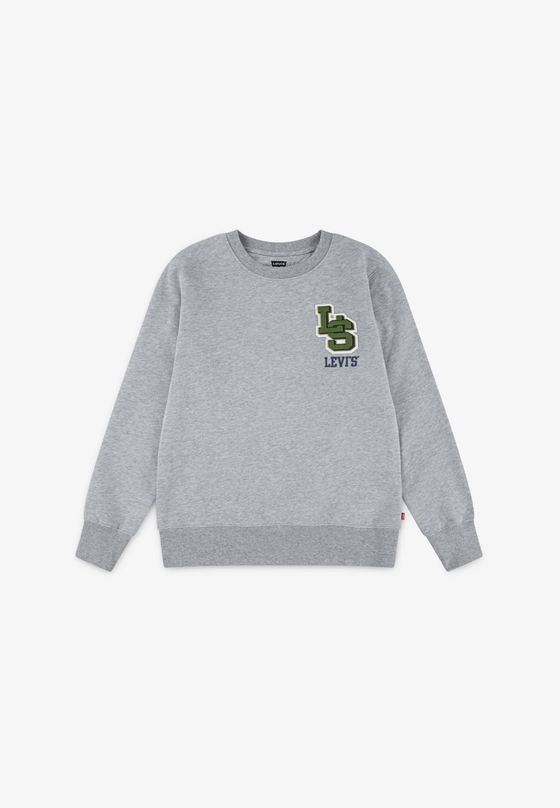 Sweatshirt gris en tissu mélangé coton. Il présente un col rond, des poignets et un ourlet côtelés, ainsi qu'un logo brodé vert et blanc sur la poitrine.