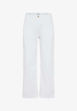 Pantalon blanc à jambes droites avec fermeture à boutons et poches avant, conçu pour une coupe ajustée mais décontractée.