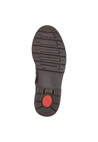 Braune Gummisohle mit tiefem Profilmuster. Verfügt über einen roten kreisförmigen Akzent und die Größenmarkierung "37" im Fersenbereich.