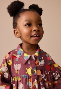 Vestito di cotone dai colori vivaci con animali e fiori in stile cartone animato, collo con bottoni e gonna arricciata, prevalentemente color marrone ruggine con accenti pastello.