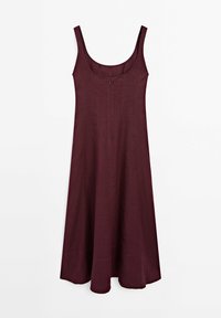Burgundy ilman hihoja oleva mekko, jossa on pyöreä kaula-aukko, vetoketjukiinnitys takana ja valuva A-linjakuvio. Sileä pinta.
