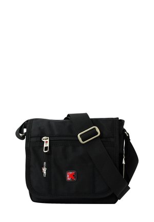 Black messenger bag made of textured nylon, featuring a front zipper pocket, adjustable strap, and red logo accent on the front.