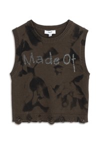 Braun gestricktes ärmelloses Top mit schwarzen abstrakten Mustern und verziertem "Made Of"-Text. Abgeschlossen mit einem Rüschensaum.