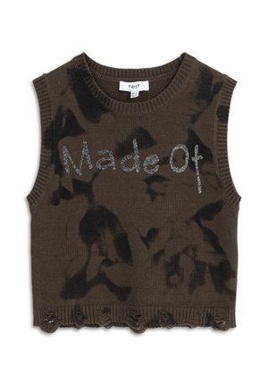 Braun gestricktes ärmelloses Top mit schwarzen abstrakten Mustern und verziertem "Made Of"-Text. Abgeschlossen mit einem Rüschensaum.