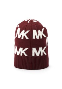 Bonnet tricoté bordeaux avec motif logo "MK" blanc, bord côtelé, sommet arrondi, texture douce et ajustement confortable.