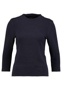 Granatowy sweter z długimi rękawami, prążkowanym dekoltem oraz teksturowanymi panelami na ramionach. Wykonany z miękkiego, elastycznego materiału. Klasyczny krój.