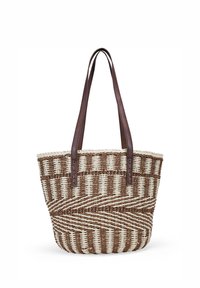 Borsa tote in paglia intrecciata con un motivo geometrico marrone e crema, con manici in pelle marrone e un ampio design open-top.