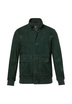 Chaqueta de ante verde oscuro con alto cuello, cierre de botones, dos bolsillos frontales con solapa, puños y dobladillo acanalados.