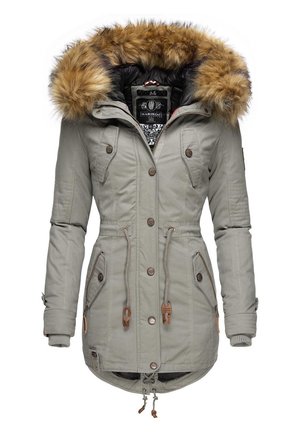 Grey parka jacket with a fur-lined hood, button closures, four front pockets, drawstring waist, and quilted sleeve accents.
