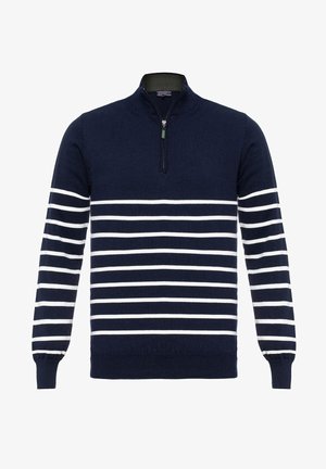 Pull-over bleu marine avec une fermeture éclair à quart, présentant des rayures horizontales blanches au niveau de la partie médiane. Confectionné en tissu doux et texturé.
