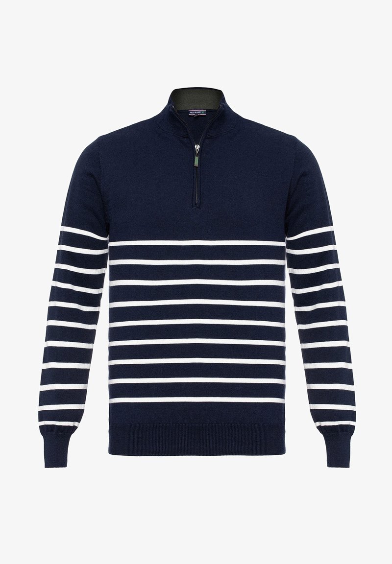 Pull-over bleu marine avec une fermeture éclair à quart, présentant des rayures horizontales blanches au niveau de la partie médiane. Confectionné en tissu doux et texturé.