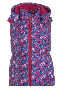 Ärmlös vadderad väst med rosa, blå och vita blomster mönster, framsidor med dragkedja, huva och samlad midja.