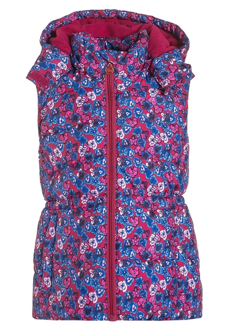 Ärmlös vadderad väst med rosa, blå och vita blomster mönster, framsidor med dragkedja, huva och samlad midja.