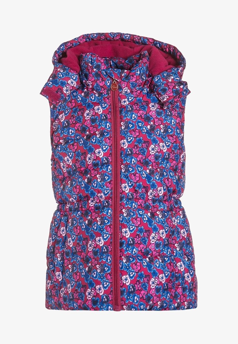 Gilet senza maniche imbottito con motivo floreale nei colori rosa, blu e bianco, con zip frontale, cappuccio e vita arricciata.