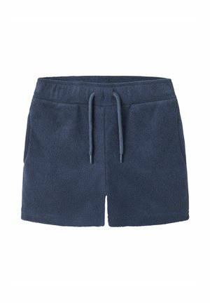 Short en éponge bleu marine avec taille élastique et cordon de serrage à l'avant, avec poches latérales.