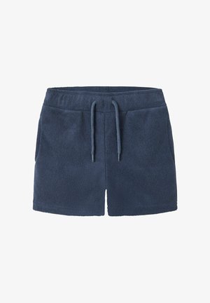 Short en éponge bleu marine avec taille élastique et cordon de serrage à l'avant, avec poches latérales.