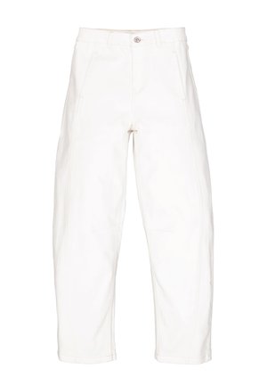 Weiße Jeanshosen mit hoher Taille, lockerem Schnitt, sichtbaren Nähten und zwei Seitentaschen. Kurze, konisch zulaufende Beine mit abgeschnittenem Saum.