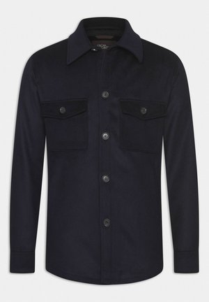 Navy button-up shirt featuring a collar, two chest pockets, and full-length sleeves. Made from a smooth fabric with a classic design.