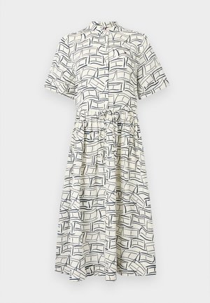 Bela midi obleka s kratkimi rokavi, ovratnikom, gumbi spredaj, pasom v pasu in abstraktnim mornarsko modrim pravokotnim vzorcem.